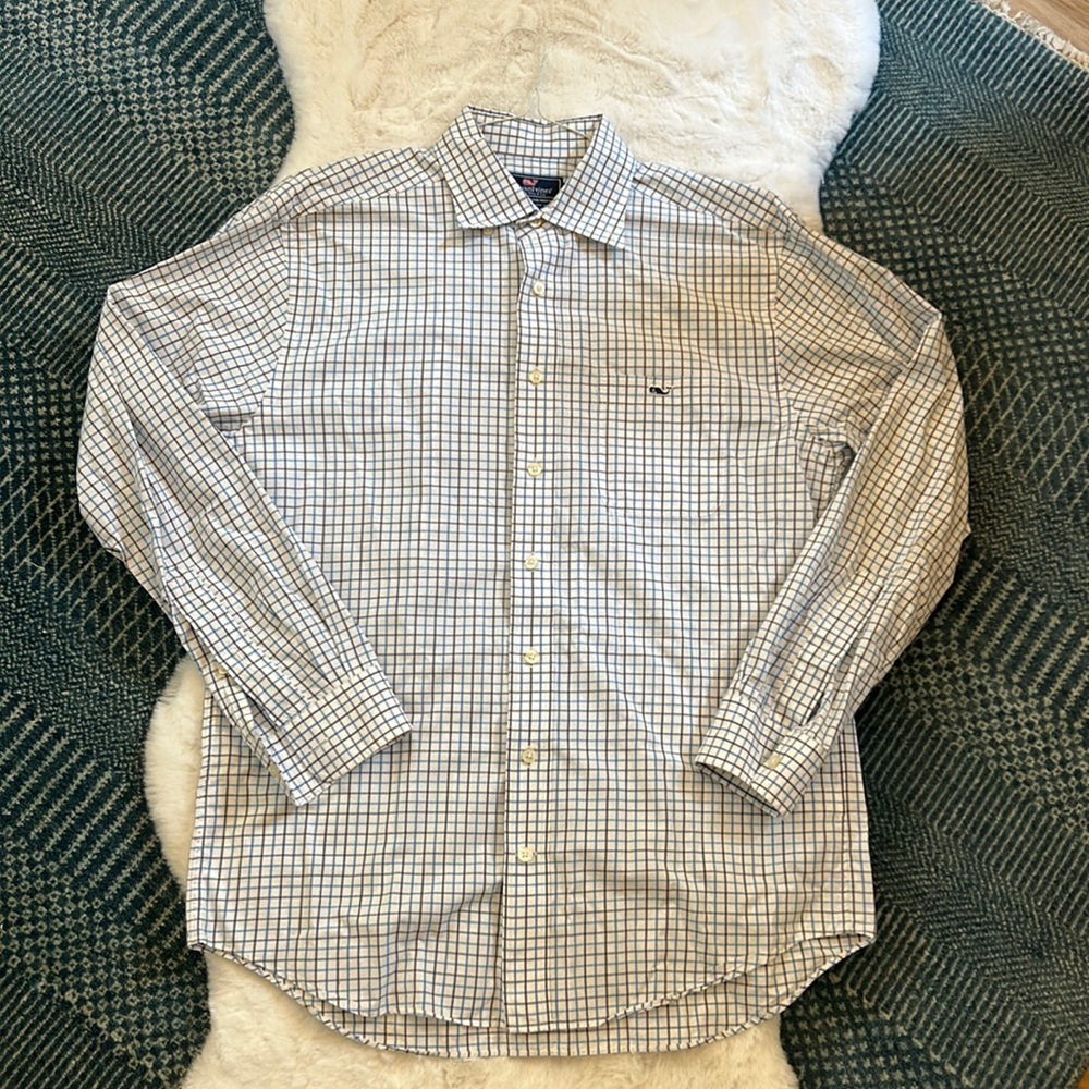 Vineyard Vines Cotton White/Blue Check Men’s Medium Classic Fit Tucker Shirt